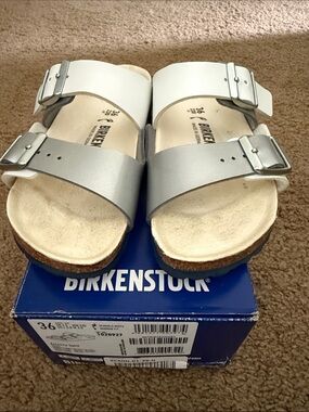 Birkenstock Arizona Split White and Silver Dual-Strap Sandals